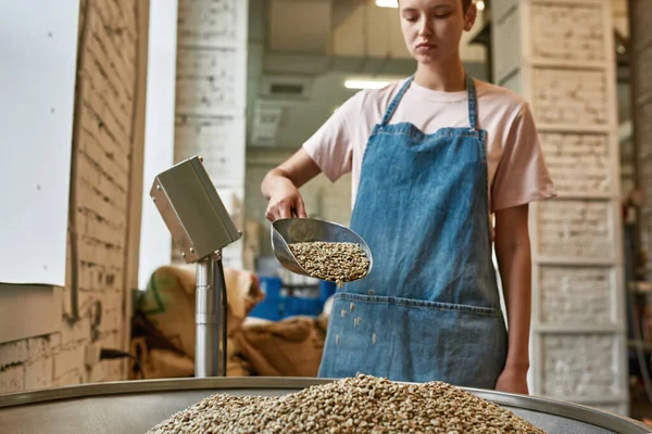 Zaostřená Evropská Pracovnice Nebo Baristka Nalévající Čerstvé Organické Zelené Kávové — Stock fotografie