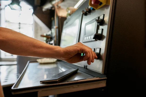 Partial Male Worker Operating Industrial Coffee Bean Roasting Machine Work — Fotografia de Stock