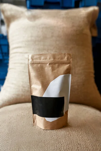 One Coffee Package Standing Textile Sack Fresh Organic Natural Coffee — 图库照片