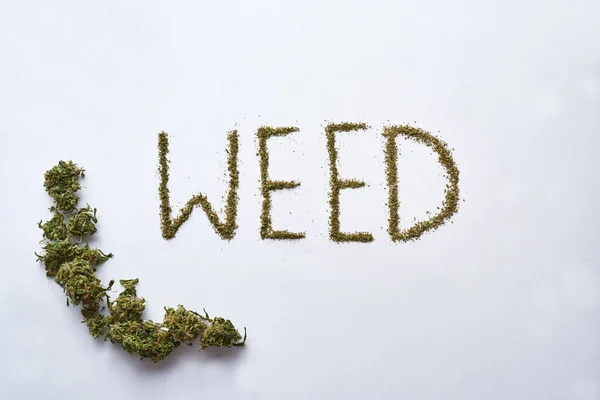 Weed Word Buds Dry Crushed Marijuana Isolated White Background Light — Stock fotografie