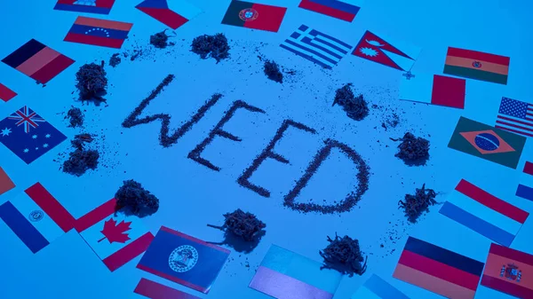 Partial Image Weed Word Buds Dry Crushed Marijuana Flags Variety — Foto Stock