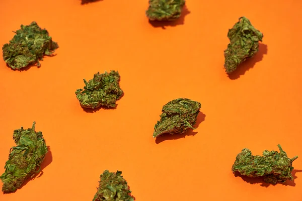 Cropped Image Set Green Dry Crushed Marijuana Buds Isolated Orange — Stock Photo, Image