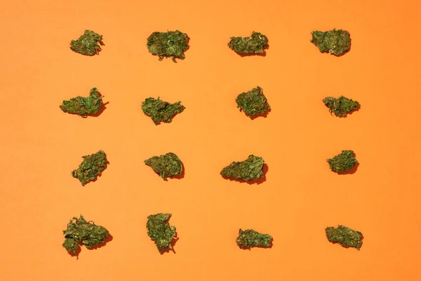 Set Green Dried Marijuana Buds Isolated Orange Background Light Drug — Stockfoto