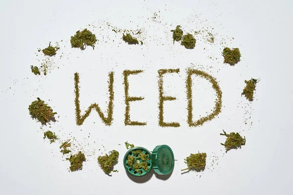 Weed Word Frame Dry Cutting Marijuana Isolated White Background Light — Foto Stock