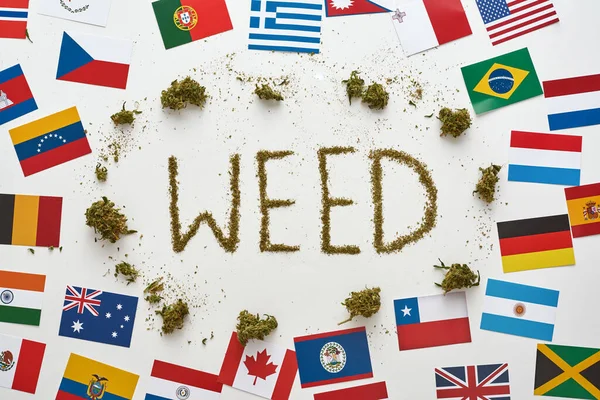 Weed word and buds from dry cutting marijuana with flags of different countries isolated on white background. Natural organic herbal medicine and painkiller therapy. Global cannabis legalization