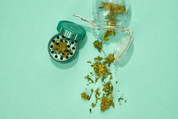 Top View Opened Jars Dry Marijuana Buds Isolated Turquoise Background — Fotografia de Stock