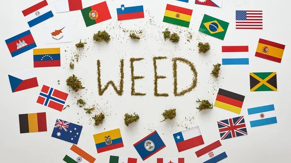 Weed Word Buds Dry Crushed Marijuana Flags Variety Countries Isolated — Foto de Stock