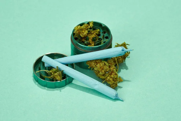 Opened Jar Dry Cutting Marijuana Buds Cannabis Rolled Joints Turquoise — Stock Photo, Image