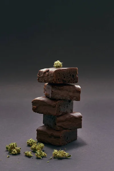 Stack Sweet Tasty Chocolate Cake Pieces Fresh Green Dry Crushed — Foto Stock