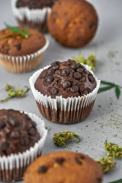 Selectieve Focus Chocolade Cupcake Met Andere Wazig Zoete Smakelijke Cupcakes — Stockfoto
