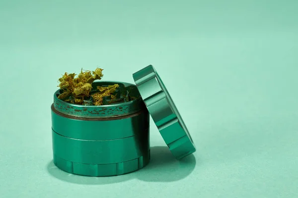 Opened Jar Dry Cutting Marijuana Buds Isolated Turquoise Background Light — Fotografia de Stock