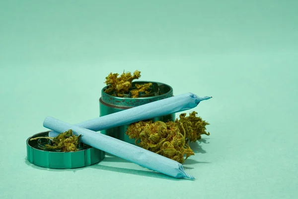 Opened Jar Dry Crushed Marijuana Buds Cannabis Rolled Joints Isolated — Fotografia de Stock