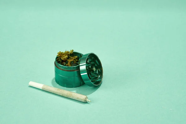 Opened Jar Dry Cutting Marijuana Buds Cannabis Rolled Joint Turquoise — Stock fotografie