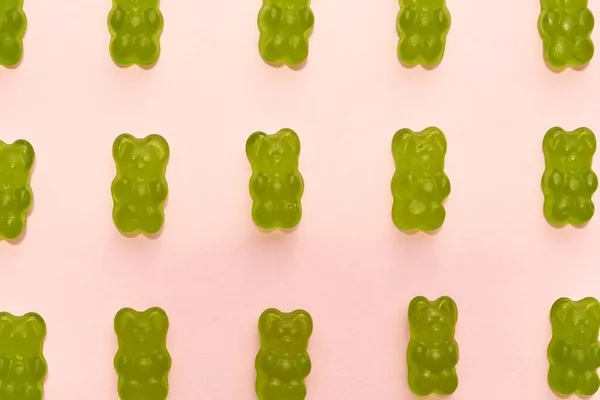 Cropped Image Set Green Sweet Delicious Teddy Bear Candies Rows — Stock Photo, Image