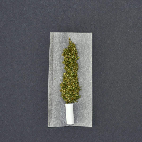 Top View Dry Crushed Marijuana Paper Cannabis Rolled Joint Grey — Stok fotoğraf