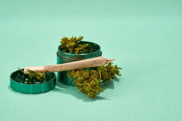 Opened Jar Dry Cutting Marijuana Buds Cannabis Rolled Joint Isolated — Fotografia de Stock