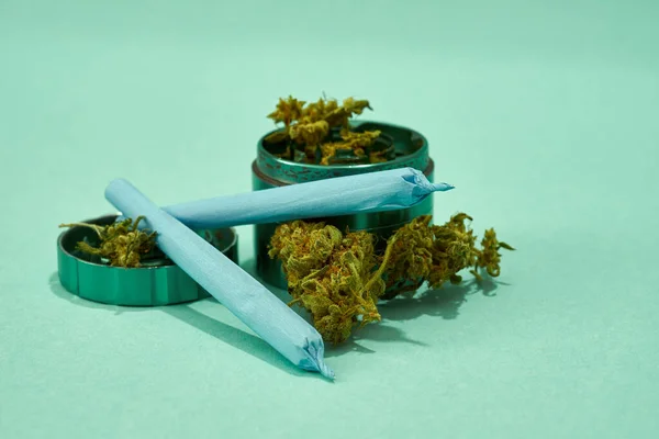 Opened Jar Dry Crushed Marijuana Buds Cannabis Rolled Joints Turquoise — Fotografia de Stock