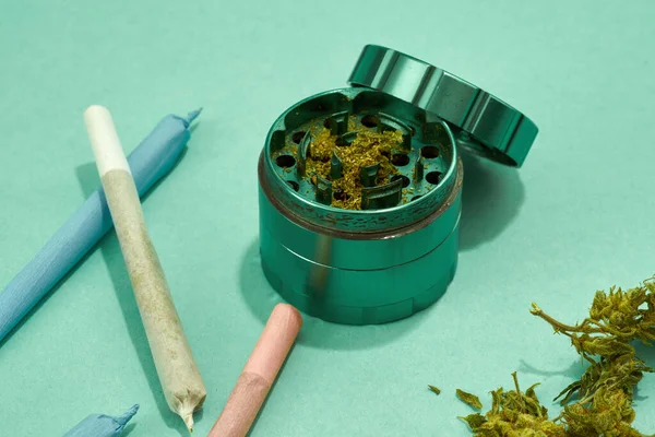 Partial Opened Jar Dry Marijuana Buds Cannabis Rolled Joints Isolated — Fotografia de Stock