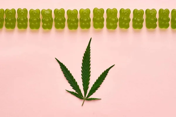 Top View Green Marijuana Leaf Sweet Yummy Teddy Bear Candies — Stockfoto