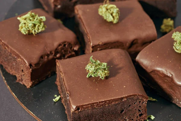 Частичный Вид Тарелки Сладкими Вкусными Кусочками Шоколадного Торта Зелеными Сухими — стоковое фото