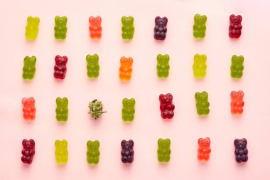 Green dry crushed marijuana bud and colorful sweet yummy teddy bear candies isolated on beige background. Light drug and addiction. Herbal medicine and painkiller therapy. Natural organic cannabis