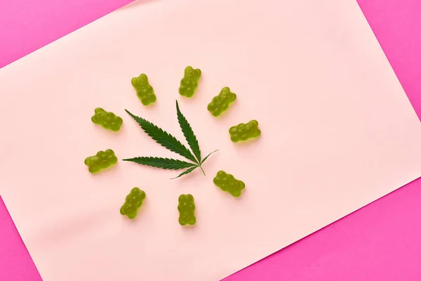 Top View Green Fresh Marijuana Leaf Sweet Yummy Teddy Bear — Stockfoto