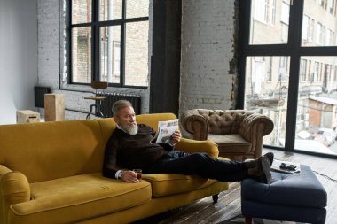 Üst düzey beyaz adam viski içiyor ve evdeki kanepede gazete okuyor. Şık sakallı emekli. Modern yaşlı erkek yaşam tarzı. Ev içi istirahat ve rahatlık. Geniş açıklık iç mekan