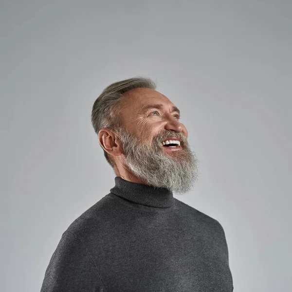 Cropped Image Grey Hair Smiling Caucasian Man Looking Fashionable Bearded — Stock Fotó