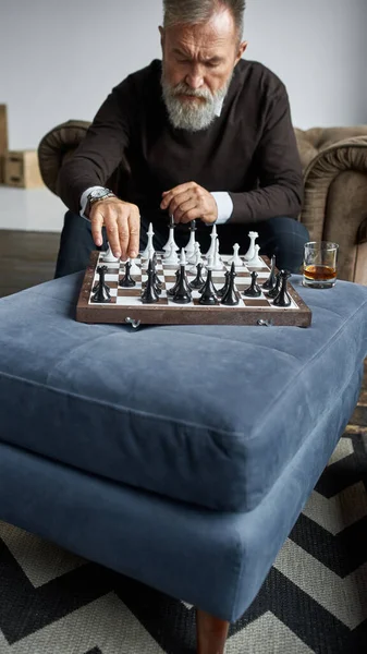 Elderly Thoughtful Caucasian Man Playing Chess Himself Armchair Home Elegant — Photo
