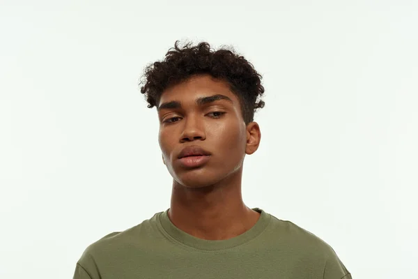 Portrait Concentrated Black Handsome Guy Partial Brunette Curly Man Wearing — Foto de Stock