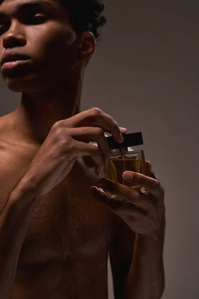Partial Serious Handsome Black Guy Holding Luxury Aromatic Perfume Young — Stock Fotó