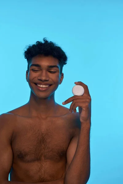 Smiling Black Guy Holding Showing Dental Floss Young Brunette Curly — Stock Photo, Image