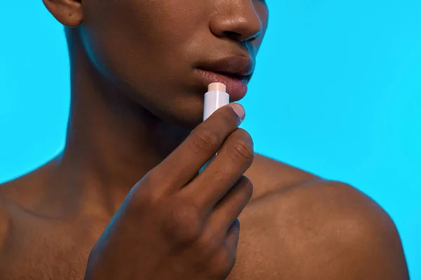 Cropped Image African American Guy Painting Lips Hygienic Lipstick Obscure — Stockfoto
