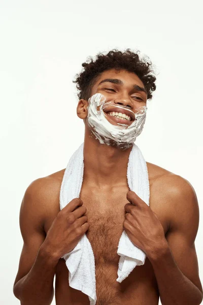 Partial Smiling Black Guy Shaving Foam His Face Young Brunette — Stock Fotó