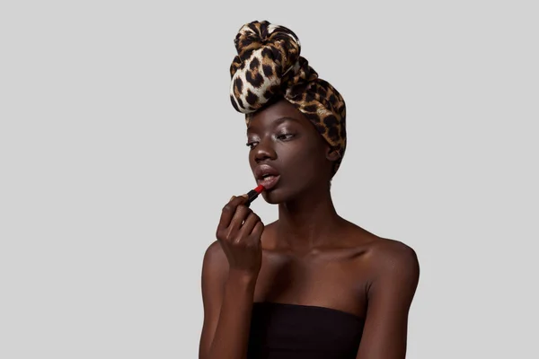 Thoughtful Stylish Black Girl Painting Lips Lipstick Attractive Young Slim — Stock Photo, Image
