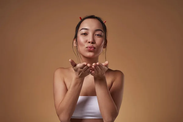 Stylish Asian Girl Blowing Air Kiss Looking Camera Attractive Young — Stockfoto