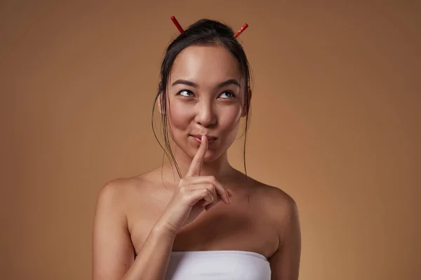 Fashionable Asian Girl Thinking Something Finger Her Mouth Pretty Young — Stock Fotó