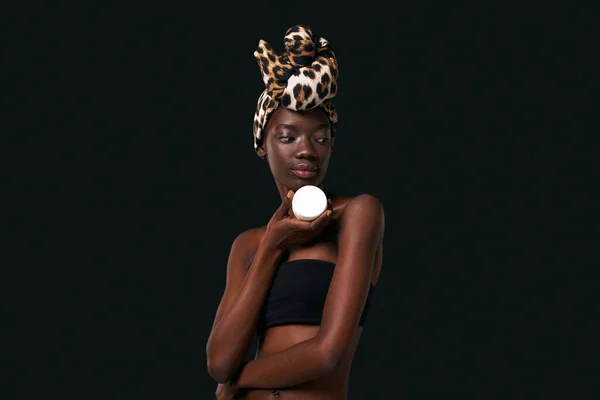 Thoughtful Black Girl Holding Container Cosmetic Cream Pretty Young Slim — Photo