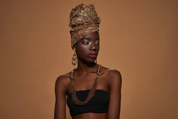 Focused Stylish Black Girl Wearing Traditional African Outfit Accessories Looking — 스톡 사진