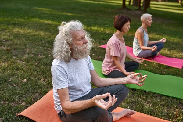 Three Focused Elderly Caucasian Friends Meditating Practicing Yoga Lotus Pose — Zdjęcie stockowe