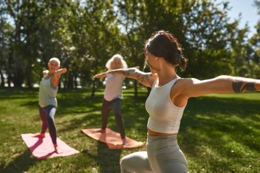 Selective focus of female trainer teaching blurred middle aged man and woman how practicing yoga in warrior pose in sunny park. Sportive caucasian people on green lawn. Concept of healthy lifestyle