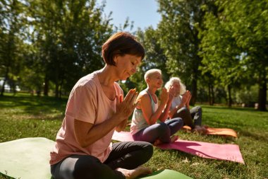 Elderly man and women practicing yoga in lotus pose in park. Sportive caucasian people sitting on fitness mats on green lawn. Concept of healthy lifestyle. Sunny summer day