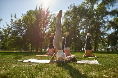 Young european female trainer teaching people how practicing yoga in supported shoulder stand pose in sunny park. Sportive persons on fitness mats on green meadow. Concept of healthy lifestyle