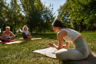 Selective back focus of female trainer teaching blurred middle aged man and woman how practicing yoga in lotus pose in sunny park. Fit people sitting on fitness mats on green meadow. Healthy lifestyle