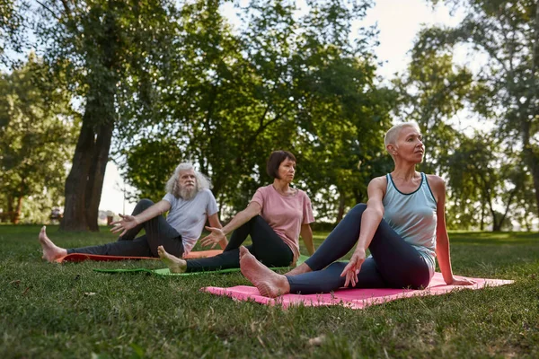 Three focused elderly caucasian friends practicing yoga in sage marichis pose on fitness mats on meadow. Sportive man and women barefoot. Friendship. Healthy lifestyle. Sunny green park