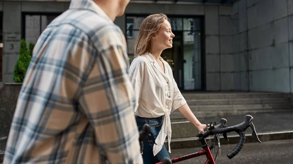 Side View Young Couple Going Bicycles City Street Modern Urban — Stock Photo, Image