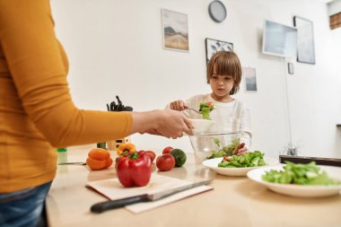 Beyaz çocuk salatayı tabağa koyuyor. Ev mutfağında kesilmiş bir annenin ellerinde. Ebeveynlik. Aile ilişkisi ve birlikte zaman geçirmek. Ev hayatı işte. Modern ferah daire