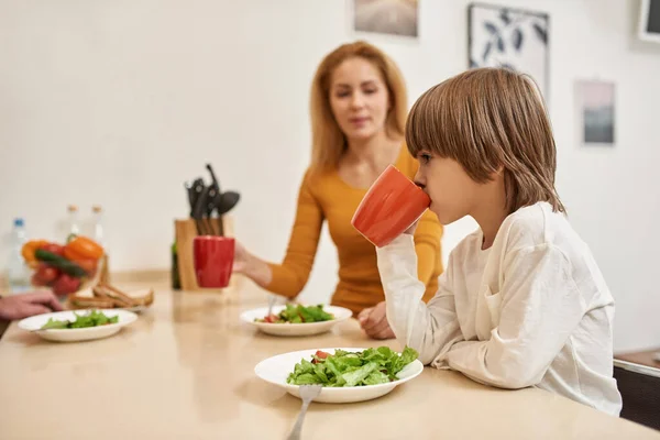 Bulanık Anne Küçük Düşünceli Çocuğa Bakıyor Öğle Yemeği Sırasında Evde — Stok fotoğraf