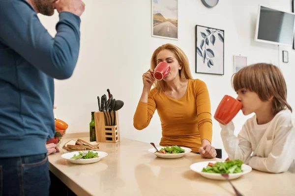 若い白人の家族は 自宅のキッチンで昼食や夕食の間にテーブルのカップから飲んでいます 子育て 母と息子の関係と一緒に時間を過ごす 家庭生活 — ストック写真