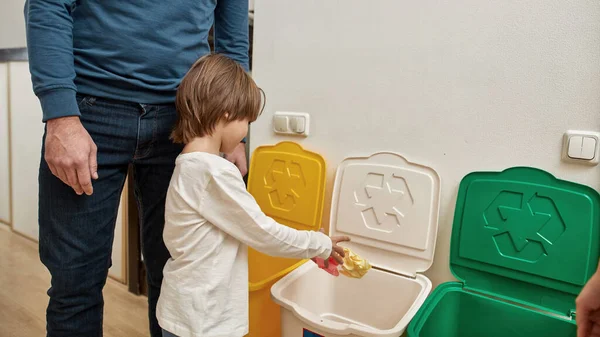 Little Boy Throwing Papers Dustbin Paper Cropped Parents Home Ecological — Stock Photo, Image